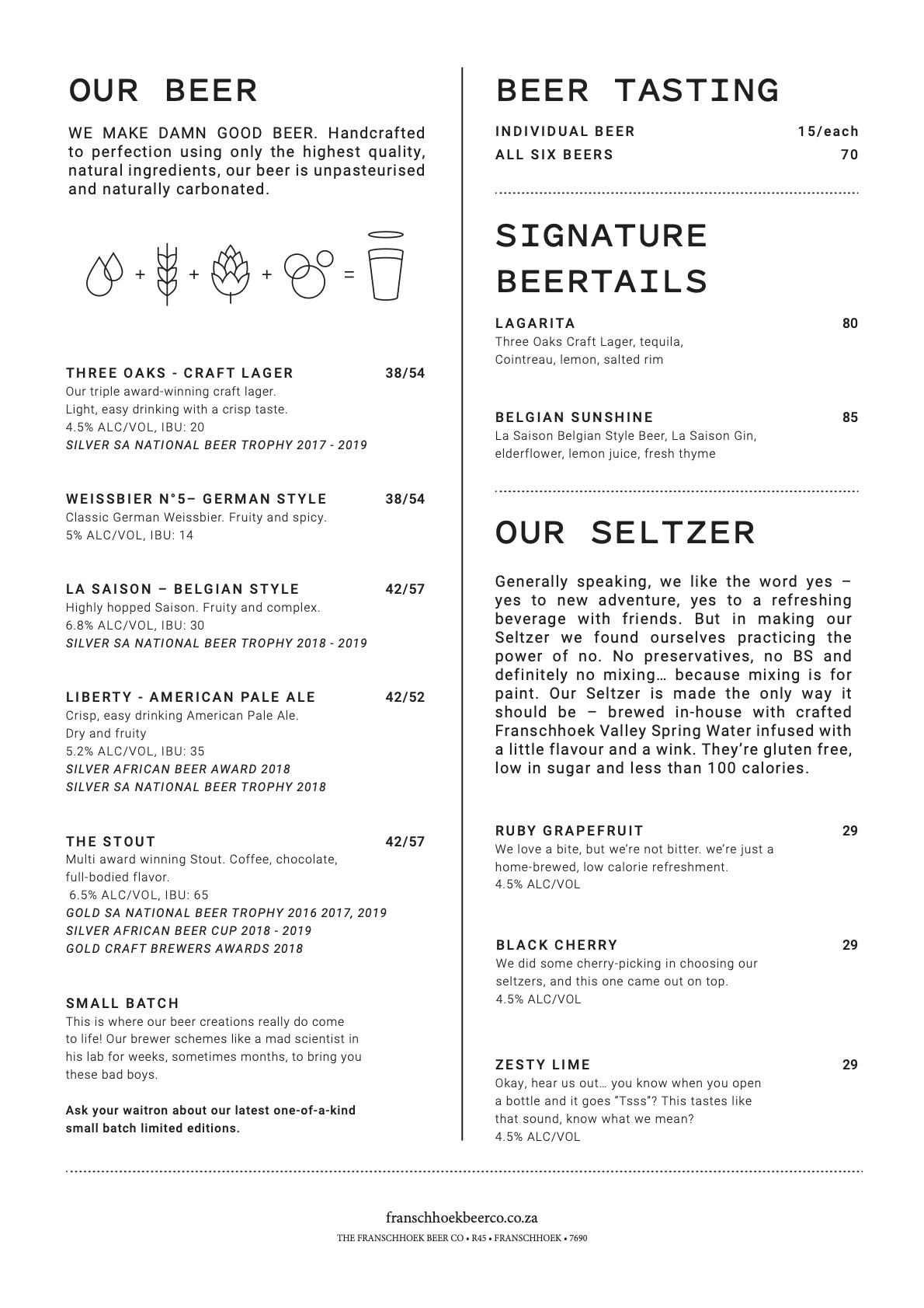 Menu The Franschhoek Beer Company